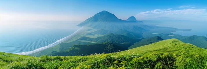 Fototapeta premium Panoramic morning view of island with lush hills and sandy beaches, surrounded by sea and islands