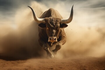  large bull raises dust with its furious running against the backdrop of sunset rays, a symbol of the state of Texas, bullfighting
- 795325771