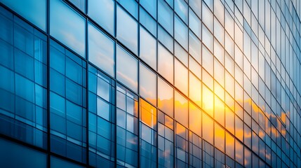 Fototapeta premium On the corner, a tall building adorned with numerous glass windows and panels stands proudly, creating a symmetrical facade in the city's skyline.