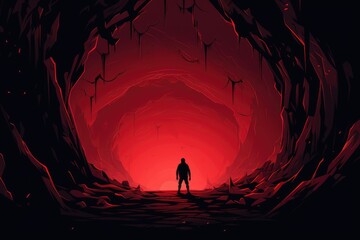 lost person in dark red cave illustration