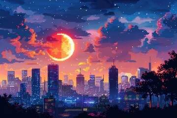 Obraz premium A pixelated cityscape with a large orange moon in the background. The sky is dark blue and there are some clouds. The buildings are mostly blue and there are some trees in the foreground.