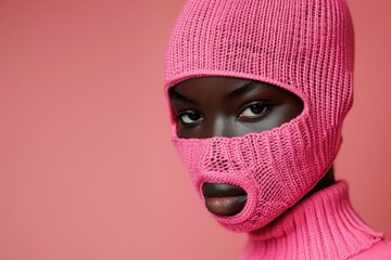 African woman in pink sweater wearing knitted face mask against pink background, showcasing fashion and safety during pandemic