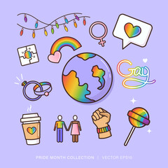 Gay pride month rainbow color decoration element set, celebrate diversity with LGBTQ symbols, isolated vector design in purple background