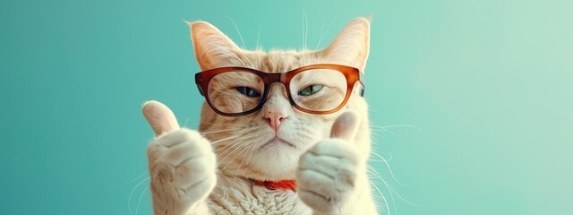 Charming image of a cute cat donning glasses, giving a thumbs-up sign, showcasing its endearing personality and clever demeanor.