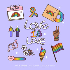 Lively Gay pride month rainbow color element collection set, celebrate diversity with LGBTQ symbols, isolated vector design in purple background