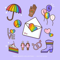 Gay pride month rainbow color element collection set, celebrate diversity with LGBTQ symbols, isolated vector design in purple background