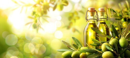 Golden olive oil bottles in rural field with olives under morning sun, wide banner with copy space