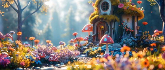 A small house in the middle of a lush forest. The house is made of wood and has a round door. The roof is covered in flowers and there are flowers all around the house. There is a path leading up to t