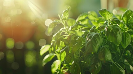 Fresh green basil leaves growing in a pot, bathed in sunlight, symbolizing the joy of growing herbs at home for cooking and garnishing. - obrazy, fototapety, plakaty