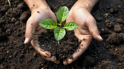 Hands holding a young sapling ready for planting, symbolizing the beginning of a journey to beautify the environment with trees. - obrazy, fototapety, plakaty