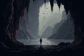 lost person in dark natural cave illustration