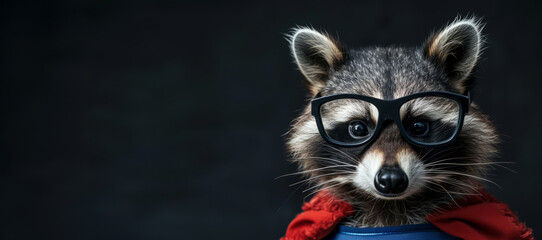 Close up funny portrait of a raccoon in a superman costume wearing glasses. Funny character for your game or story	 - 795326590
