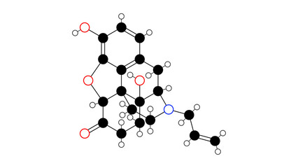 naloxone molecule, structural chemical formula, ball-and-stick model, isolated image opioid antagonist