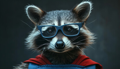 Close up funny portrait of a raccoon in a superman costume wearing glasses. Funny character for your game or story	