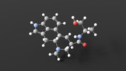 ergometrine molecular structure, uterotonic agents, ball and stick 3d model, structural chemical formula with colored atoms
