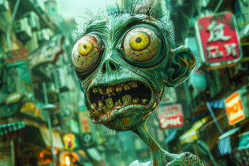 Cartoon Caricature of a Zombie.  Generated Image.  A digital illustration of a cartoon caricature of a zombie in a city.