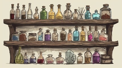 Illustration of occult magic magazine and shelf with various potions, bottles, poisons, crystals, salt. Alchemical medicine concept - 795327114
