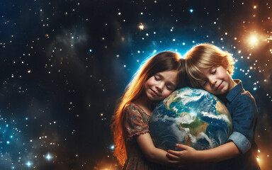 a boy and a girl embracing and protecting our planet, like optimistic concept for future generations, a photorealistic illustration