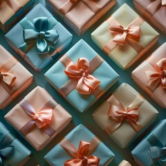 A pattern of aqua and white boxes with pink ribbons.