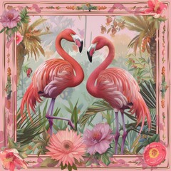 A pair of pink flamingos standing in a lush tropical garden with pink flowers and palm trees.