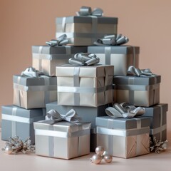 A stack of silver and gray wrapped presents with silver and white ribbons and bows.
