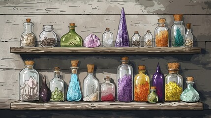 Illustration of occult magic magazine and shelf with various potions, bottles, poisons, crystals, salt. Alchemical medicine concept - 795327375