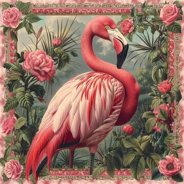 A pink flamingo stands in a lush garden with roses and other flowers. The painting is in the Art Nouveau style.