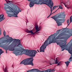 A seamless pattern of pink hibiscus flowers with dark purple leaves on a pink background. - obrazy, fototapety, plakaty