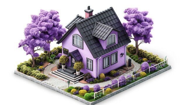 Isometric image, Lilac cottage with black roof, Conceptual house design