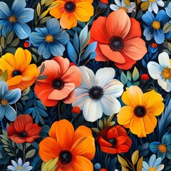 A seamless pattern of colorful flowers of different sizes.