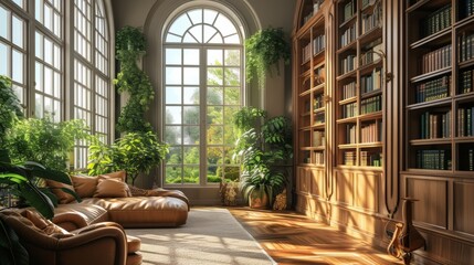 A cozy, stylish modern library with large floor-to-ceiling windows and tall cabinets full of a variety of books. Hobby, leisure and education concept - 795327720