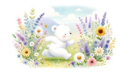 Joyful Polar Bear Cub in a Blossoming Flower Field Illustration
Captivating illustration of a joyful polar bear cub frolicking in a blossoming field, surrounded by a variety of colorful wildflowers an