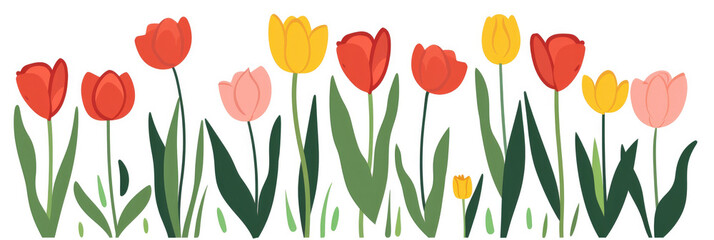 A simple, minimalistic illustration of red tulips with green foliage on a white background. Greeting card with spring mood