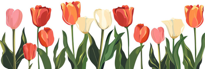A simple, minimalistic illustration of red tulips with green foliage on a white background. Greeting card with spring mood