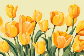 A simple, minimalistic illustration of yellow tulips with green foliage on a white background. Greeting card with spring mood