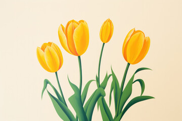 Naklejka premium A simple, minimalistic illustration of yellow tulips with green foliage on a white background. Greeting card with spring mood