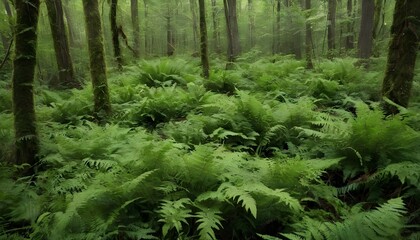 A dense thicket of ferns covering the forest floor