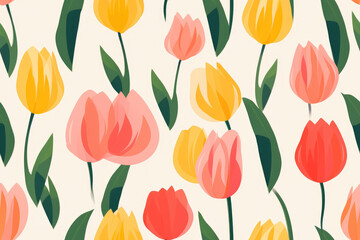 Fototapeta premium Seamless pattern of pastel red tulips with foliage. Simple minimalistic illustration