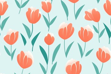 Seamless pattern of pastel red tulips with foliage. Simple minimalistic illustration