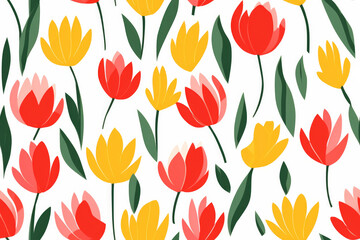 Seamless pattern of pastel red tulips with foliage. Simple minimalistic illustration