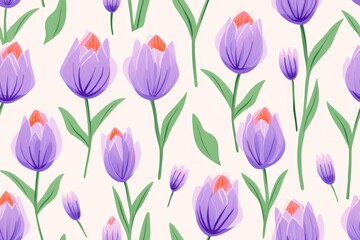 Seamless pattern of pastel purple tulips with foliage. Simple minimalistic illustration