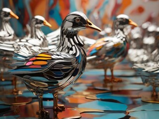 Witness the mundane materials of a flock transformed into a work of art, with chrome reflections and intricate details. This image, inspired by the abstract colorist sculptor, will transport you to a 