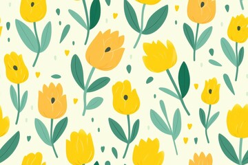 Seamless pattern of pastel yellow tulips with foliage. Simple minimalistic illustration