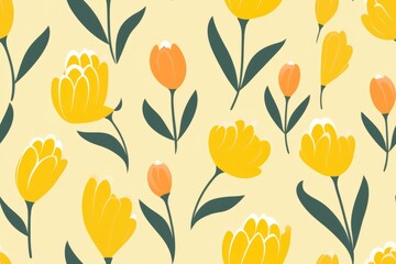 Seamless pattern of pastel yellow tulips with foliage. Simple minimalistic illustration