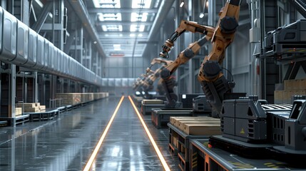 Naklejka premium Automated warehouse with robotic arms sorting packages