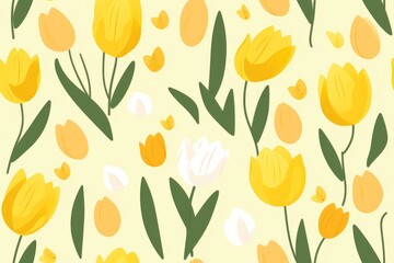 Fototapeta na wymiar Seamless pattern of pastel yellow tulips with foliage. Simple minimalistic illustration