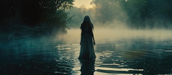 Ghostly La Llorona Haunts Riverbank in Desolate Night - obrazy, fototapety, plakaty