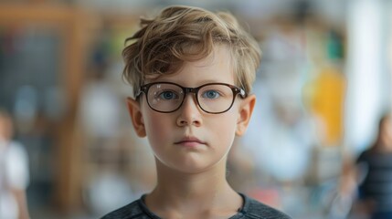Cute boy with glasses in kindergarten. Vision problems in preschoolers