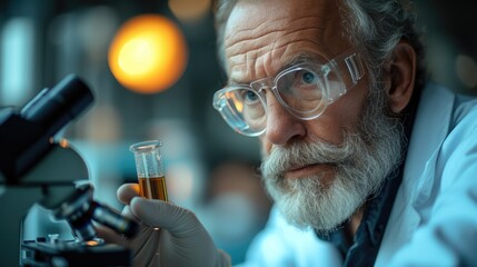 Senior Scientist with Microscope in Laboratory Analyzing Sample