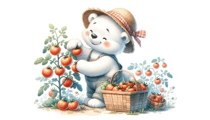 Polar Bear Picking Tomatoes Illustration
Charming illustration of a polar bear in a straw hat, gently picking ripe tomatoes from a lush garden, with a full basket beside him.
